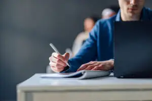 student at desk taking LSAT exam