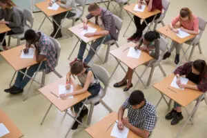aerial view of MIT students taking exam
